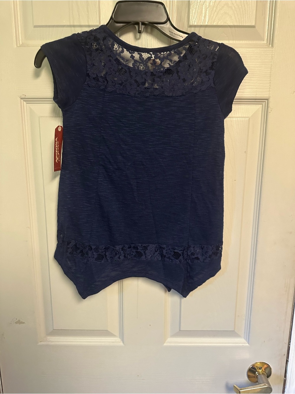 Girls 7/8 Lace Yoke Navy Cap Sleeve Top